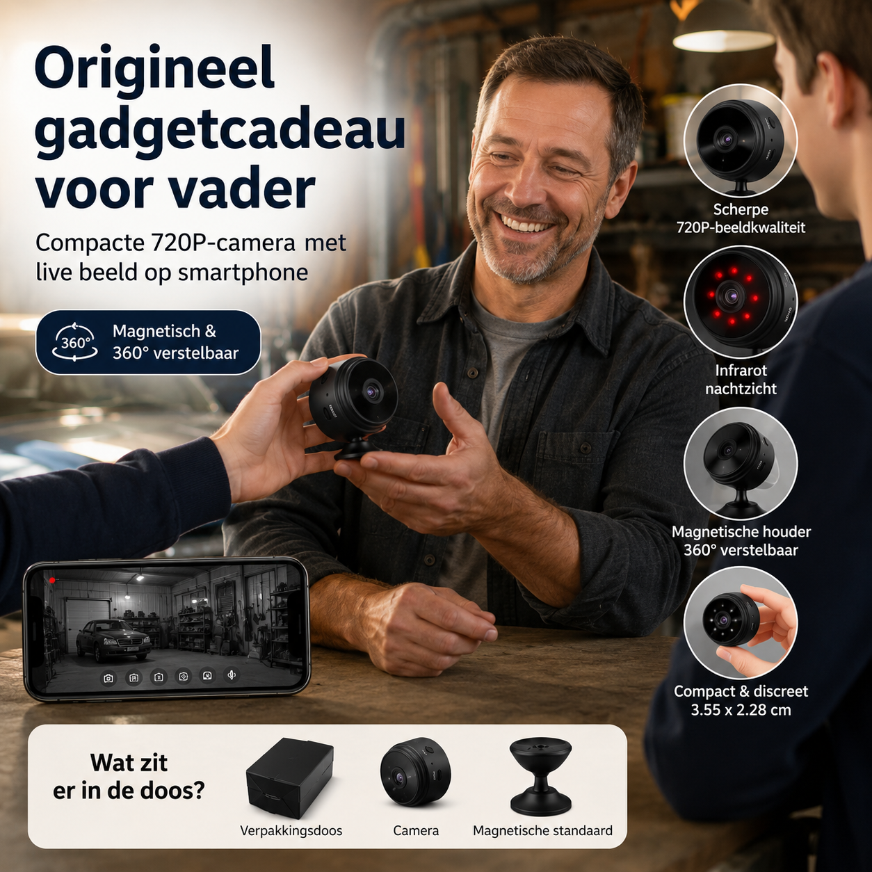 AutoVision | Draadloze 720P Camera – Origineel Gadgetcadeau voor Vader