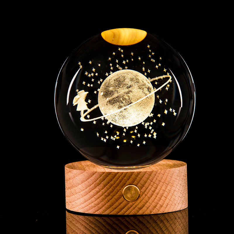 LED 3D Lamp in Kristal – Decoratieve Bol met Houten Basis