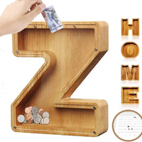 TreasureNest Muntbank | Gepersonaliseerde houten spaarpot in A-Z letterontwerpen