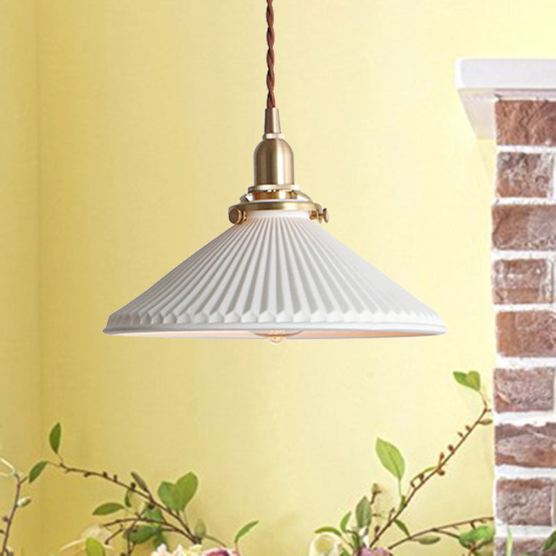 Geribbelde Kegel Eetkamer Hanglamp Keramiek 1 Licht Eenvoudige Stijl Hanglamp in Wit