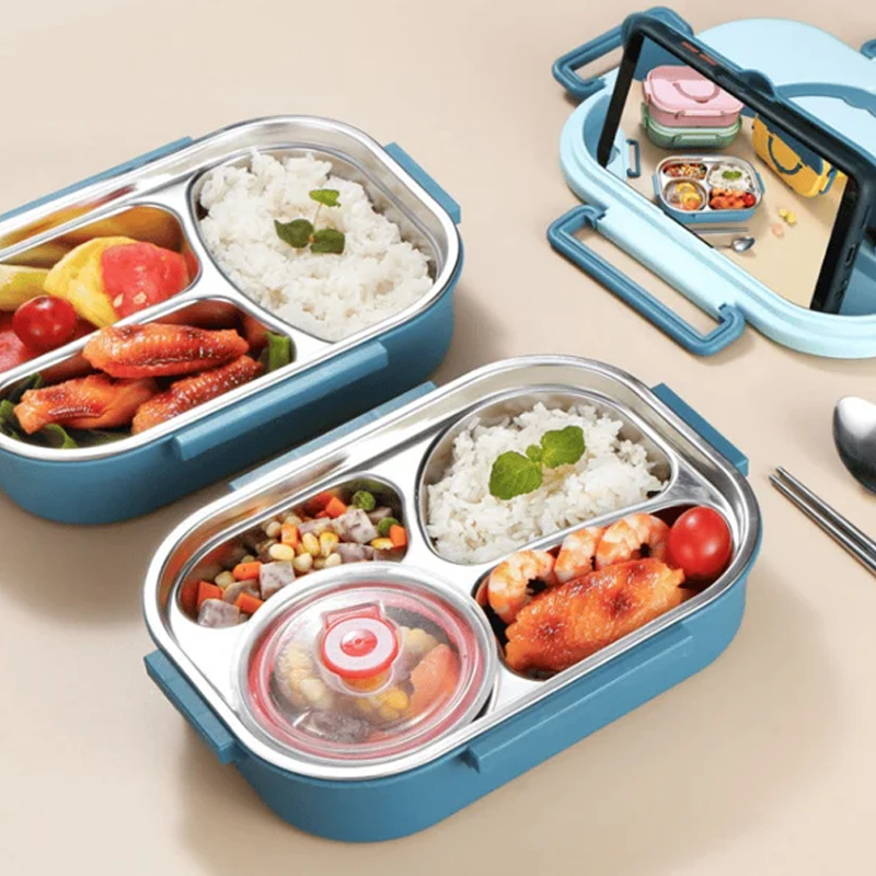 Skanto | Lunchbox van roestvrij staal – Binnenkant van roestvrij staal – 3 of 4 vakken met soepkom – Wandklok
