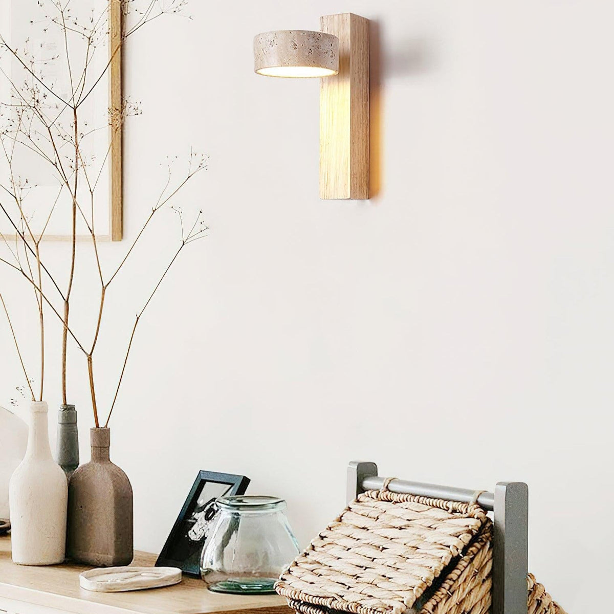 Travertine Houten Nachtkastje Wandlamp