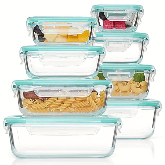 8-Pack Glazen Maaltijdcontainers – Luchtdichte Maaltijd Voorbereiding Bento-dozen met lekvrije, vergrendelbare deksels, magnetron-, oven-, vriezer- en vaatwasmachinebestendig, BPA-vrij