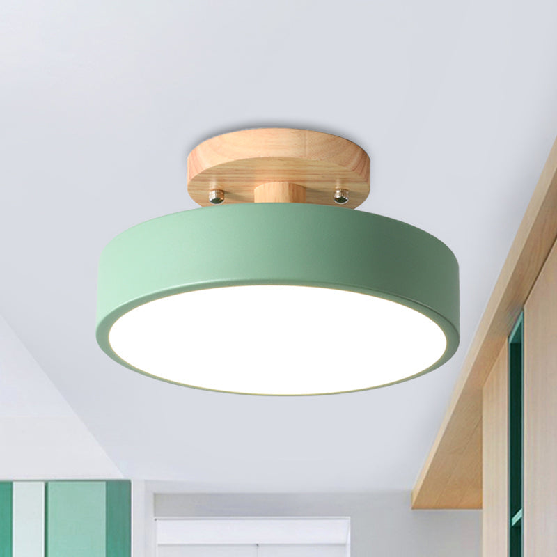 IJzeren Drum Flushmount Nordic Wit/Groen/Grijs Afwerking LED Semi Close to Ceiling Licht met Houten Plafond voor Gang