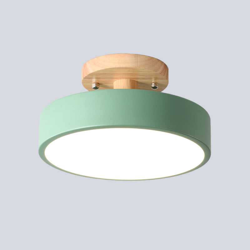 IJzeren Drum Flushmount Nordic Wit/Groen/Grijs Afwerking LED Semi Close to Ceiling Licht met Houten Plafond voor Gang