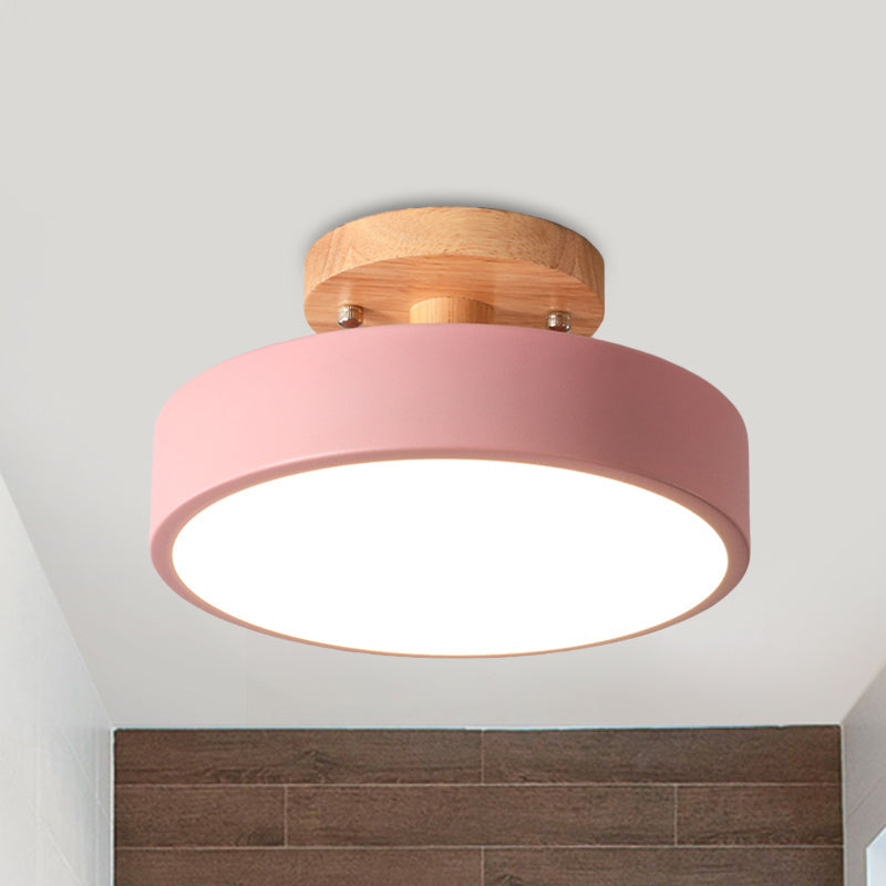 IJzeren Drum Flushmount Nordic Wit/Groen/Grijs Afwerking LED Semi Close to Ceiling Licht met Houten Plafond voor Gang