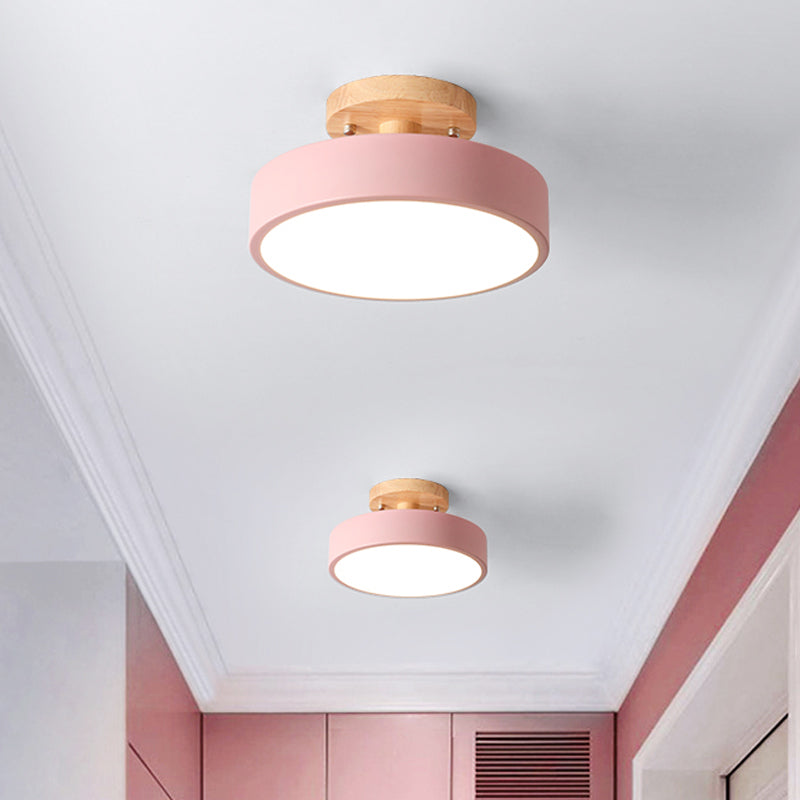 IJzeren Drum Flushmount Nordic Wit/Groen/Grijs Afwerking LED Semi Close to Ceiling Licht met Houten Plafond voor Gang
