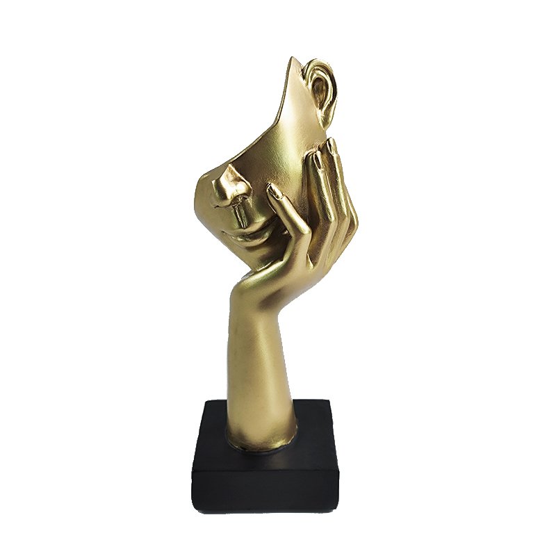 Bronzen Polyresin Gezicht En Hand Sculptuur Op Basis