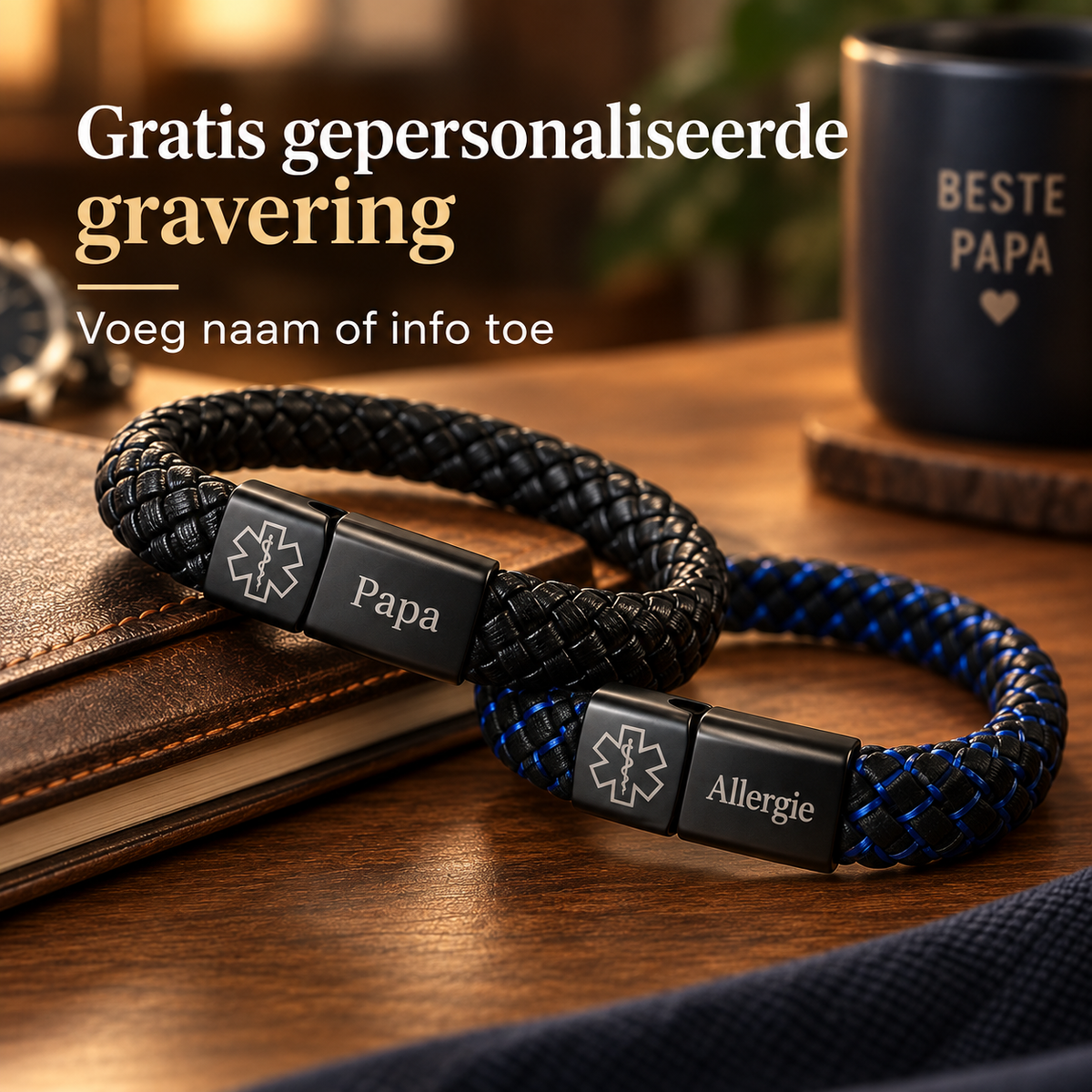 Custom AlertBand | Gepersonaliseerde Medische ID Armband – Cadeau voor Vader of Echtgenoot
