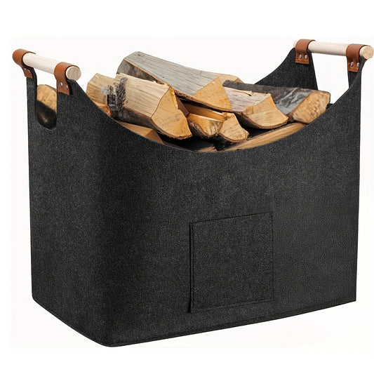 Filz-Kaminholzkorb FELDURA | Vouwbaar | 55L Volume | Met houten handvatten & leren details | Donkergrijs