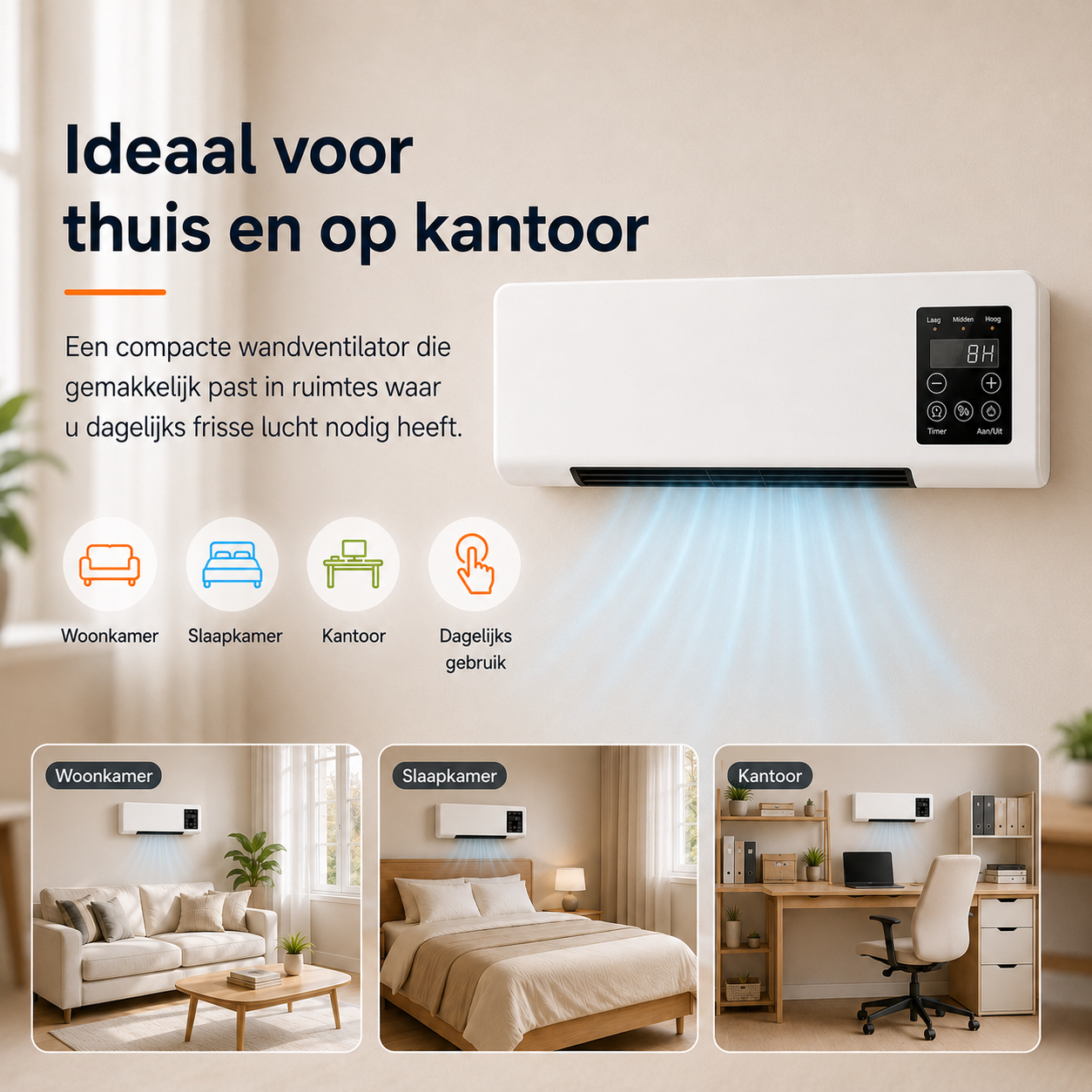 Compacte wandventilator – Draagbare verkoeling met afstandsbediening