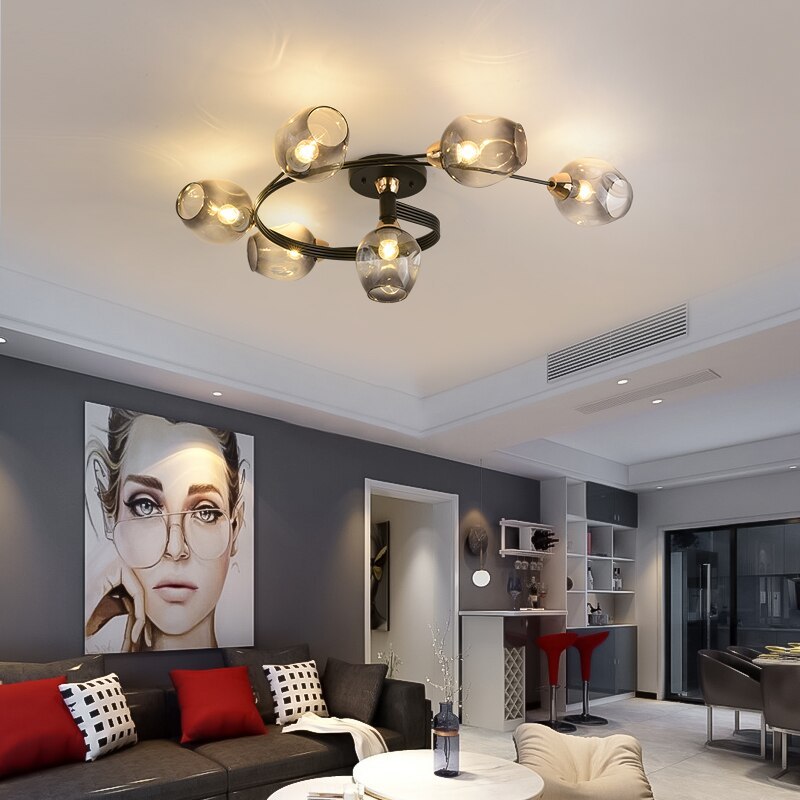 Valentina Flush Mount Plafondlamp, Glas, Zwart/Goud, Eetkamer