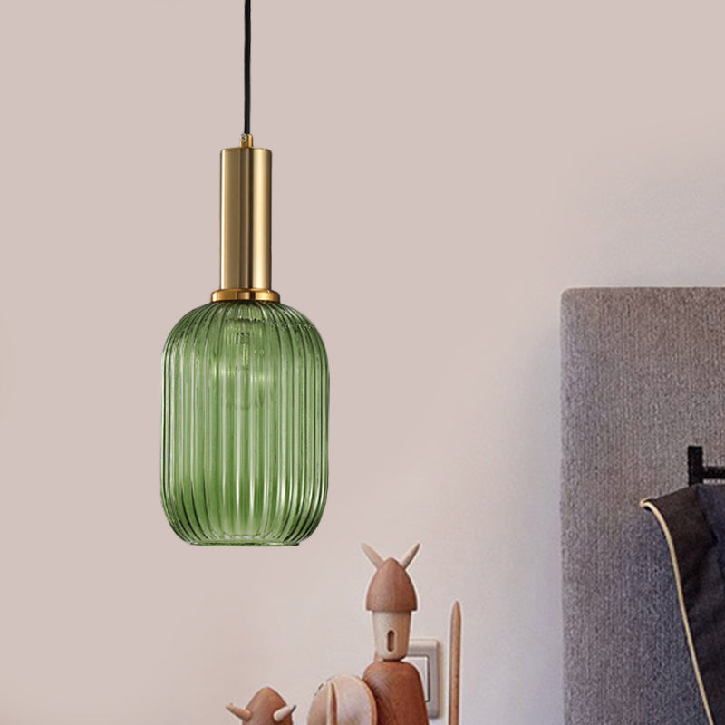 Zwarte/Gouden Cilinder/Ovaal/Capsule Hanglamp Modernistisch 1 Licht Grijs/Groen/Amber Geribbeld Glas Plafondlamp voor Keuken
