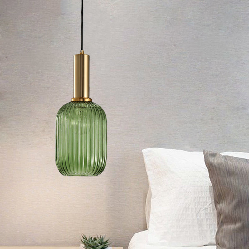 Zwarte/Gouden Cilinder/Ovaal/Capsule Hanglamp Modernistisch 1 Licht Grijs/Groen/Amber Geribbeld Glas Plafondlamp voor Keuken