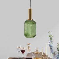 Zwarte/Gouden Cilinder/Ovaal/Capsule Hanglamp Modernistisch 1 Licht Grijs/Groen/Amber Geribbeld Glas Plafondlamp voor Keuken