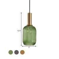 Zwarte/Gouden Cilinder/Ovaal/Capsule Hanglamp Modernistisch 1 Licht Grijs/Groen/Amber Geribbeld Glas Plafondlamp voor Keuken