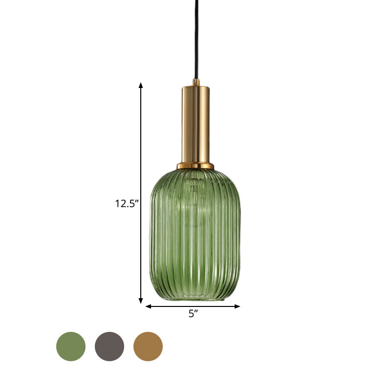Zwarte/Gouden Cilinder/Ovaal/Capsule Hanglamp Modernistisch 1 Licht Grijs/Groen/Amber Geribbeld Glas Plafondlamp voor Keuken