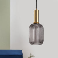 Zwarte/Gouden Cilinder/Ovaal/Capsule Hanglamp Modernistisch 1 Licht Grijs/Groen/Amber Geribbeld Glas Plafondlamp voor Keuken