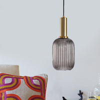 Zwarte/Gouden Cilinder/Ovaal/Capsule Hanglamp Modernistisch 1 Licht Grijs/Groen/Amber Geribbeld Glas Plafondlamp voor Keuken