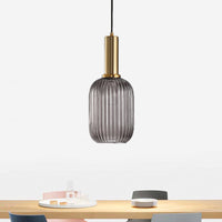 Zwarte/Gouden Cilinder/Ovaal/Capsule Hanglamp Modernistisch 1 Licht Grijs/Groen/Amber Geribbeld Glas Plafondlamp voor Keuken