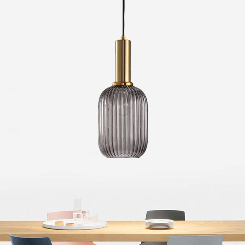 Zwarte/Gouden Cilinder/Ovaal/Capsule Hanglamp Modernistisch 1 Licht Grijs/Groen/Amber Geribbeld Glas Plafondlamp voor Keuken