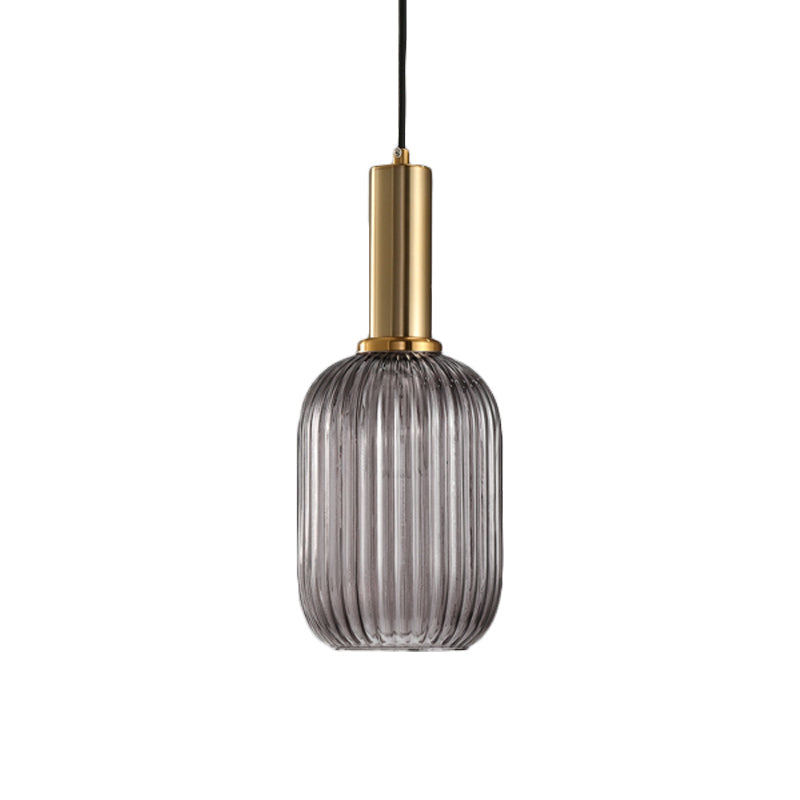 Zwarte/Gouden Cilinder/Ovaal/Capsule Hanglamp Modernistisch 1 Licht Grijs/Groen/Amber Geribbeld Glas Plafondlamp voor Keuken