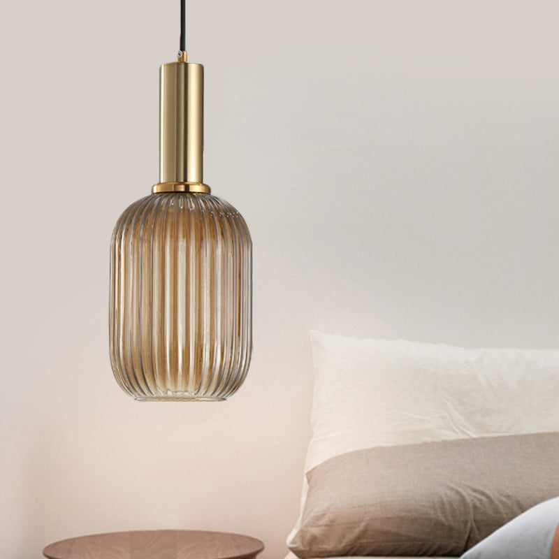 Zwarte/Gouden Cilinder/Ovaal/Capsule Hanglamp Modernistisch 1 Licht Grijs/Groen/Amber Geribbeld Glas Plafondlamp voor Keuken