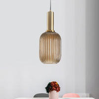 Zwarte/Gouden Cilinder/Ovaal/Capsule Hanglamp Modernistisch 1 Licht Grijs/Groen/Amber Geribbeld Glas Plafondlamp voor Keuken