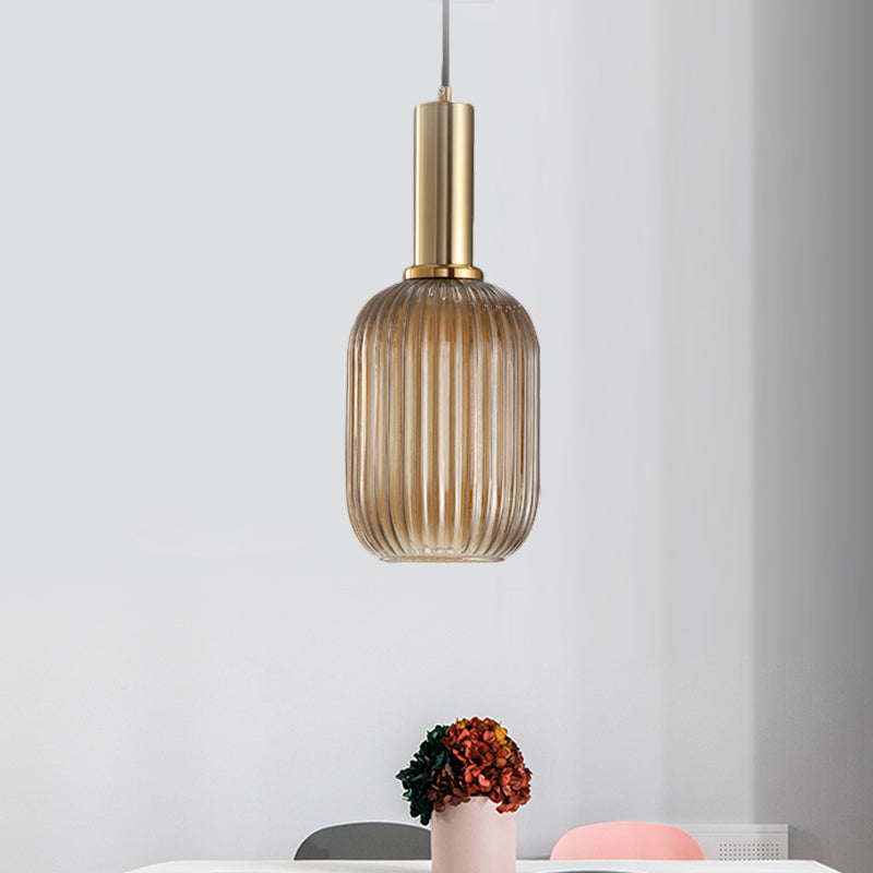 Zwarte/Gouden Cilinder/Ovaal/Capsule Hanglamp Modernistisch 1 Licht Grijs/Groen/Amber Geribbeld Glas Plafondlamp voor Keuken