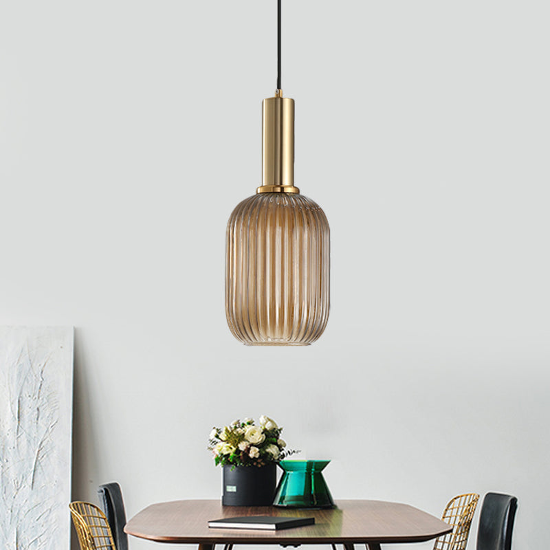 Zwarte/Gouden Cilinder/Ovaal/Capsule Hanglamp Modernistisch 1 Licht Grijs/Groen/Amber Geribbeld Glas Plafondlamp voor Keuken
