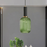 Zwarte/Gouden Cilinder/Ovaal/Capsule Hanglamp Modernistisch 1 Licht Grijs/Groen/Amber Geribbeld Glas Plafondlamp voor Keuken