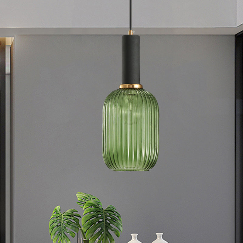 Zwarte/Gouden Cilinder/Ovaal/Capsule Hanglamp Modernistisch 1 Licht Grijs/Groen/Amber Geribbeld Glas Plafondlamp voor Keuken
