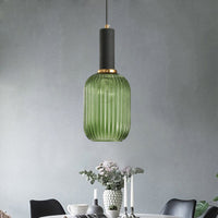 Zwarte/Gouden Cilinder/Ovaal/Capsule Hanglamp Modernistisch 1 Licht Grijs/Groen/Amber Geribbeld Glas Plafondlamp voor Keuken