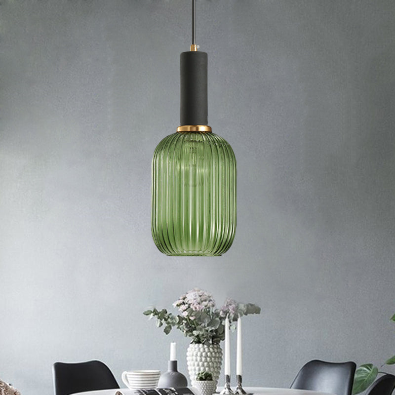 Zwarte/Gouden Cilinder/Ovaal/Capsule Hanglamp Modernistisch 1 Licht Grijs/Groen/Amber Geribbeld Glas Plafondlamp voor Keuken