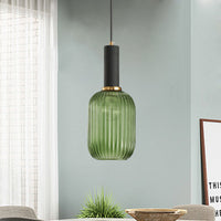 Zwarte/Gouden Cilinder/Ovaal/Capsule Hanglamp Modernistisch 1 Licht Grijs/Groen/Amber Geribbeld Glas Plafondlamp voor Keuken