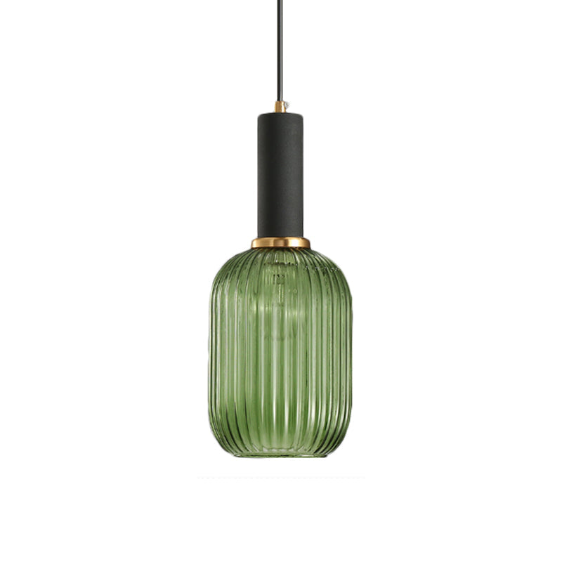 Zwarte/Gouden Cilinder/Ovaal/Capsule Hanglamp Modernistisch 1 Licht Grijs/Groen/Amber Geribbeld Glas Plafondlamp voor Keuken