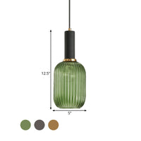 Zwarte/Gouden Cilinder/Ovaal/Capsule Hanglamp Modernistisch 1 Licht Grijs/Groen/Amber Geribbeld Glas Plafondlamp voor Keuken