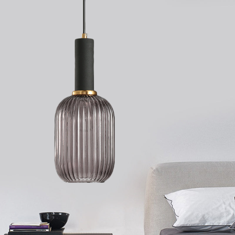 Zwarte/Gouden Cilinder/Ovaal/Capsule Hanglamp Modernistisch 1 Licht Grijs/Groen/Amber Geribbeld Glas Plafondlamp voor Keuken