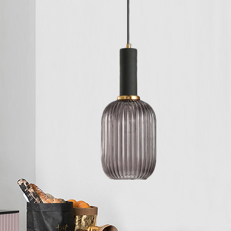 Zwarte/Gouden Cilinder/Ovaal/Capsule Hanglamp Modernistisch 1 Licht Grijs/Groen/Amber Geribbeld Glas Plafondlamp voor Keuken