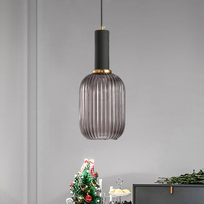 Zwarte/Gouden Cilinder/Ovaal/Capsule Hanglamp Modernistisch 1 Licht Grijs/Groen/Amber Geribbeld Glas Plafondlamp voor Keuken
