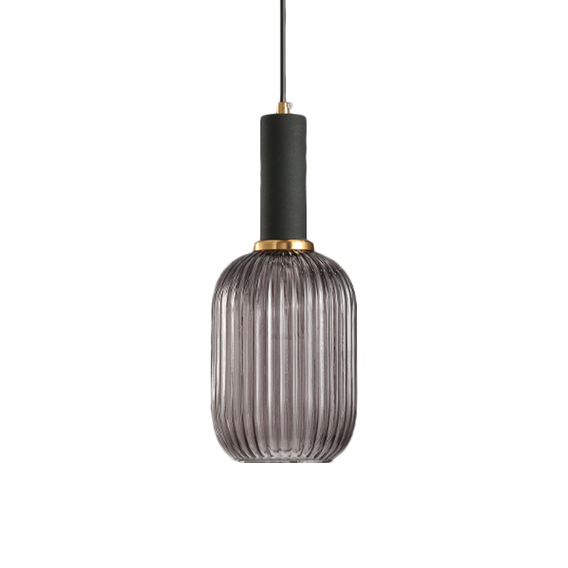 Zwarte/Gouden Cilinder/Ovaal/Capsule Hanglamp Modernistisch 1 Licht Grijs/Groen/Amber Geribbeld Glas Plafondlamp voor Keuken