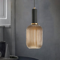 Zwarte/Gouden Cilinder/Ovaal/Capsule Hanglamp Modernistisch 1 Licht Grijs/Groen/Amber Geribbeld Glas Plafondlamp voor Keuken