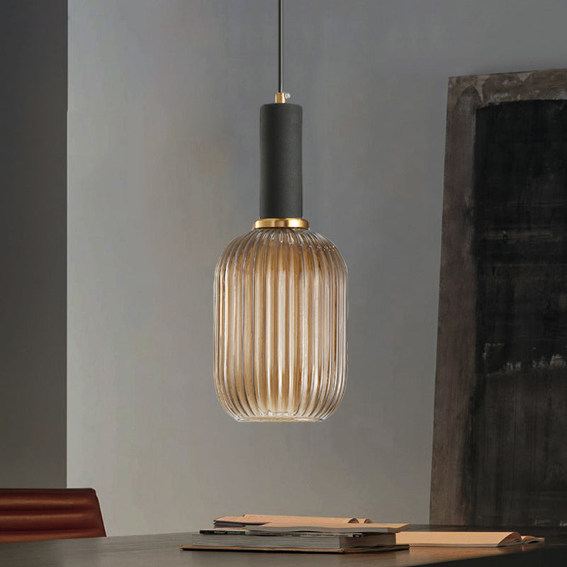 Zwarte/Gouden Cilinder/Ovaal/Capsule Hanglamp Modernistisch 1 Licht Grijs/Groen/Amber Geribbeld Glas Plafondlamp voor Keuken