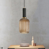 Zwarte/Gouden Cilinder/Ovaal/Capsule Hanglamp Modernistisch 1 Licht Grijs/Groen/Amber Geribbeld Glas Plafondlamp voor Keuken