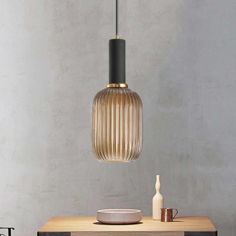 Zwarte/Gouden Cilinder/Ovaal/Capsule Hanglamp Modernistisch 1 Licht Grijs/Groen/Amber Geribbeld Glas Plafondlamp voor Keuken