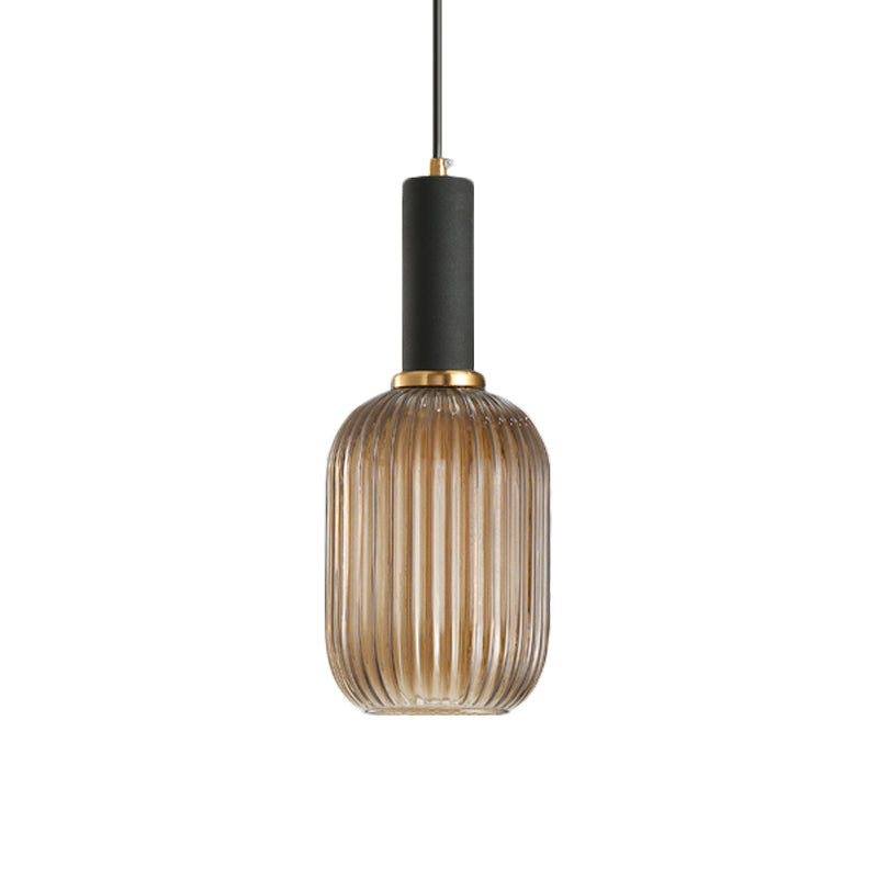Zwarte/Gouden Cilinder/Ovaal/Capsule Hanglamp Modernistisch 1 Licht Grijs/Groen/Amber Geribbeld Glas Plafondlamp voor Keuken