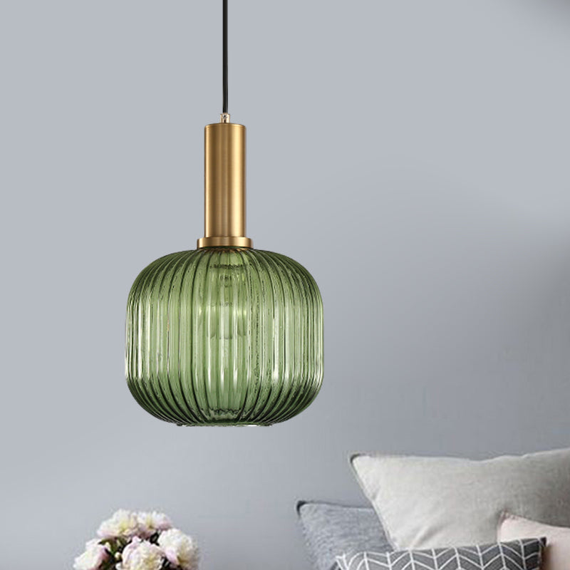 Zwarte/Gouden Cilinder/Ovaal/Capsule Hanglamp Modernistisch 1 Licht Grijs/Groen/Amber Geribbeld Glas Plafondlamp voor Keuken