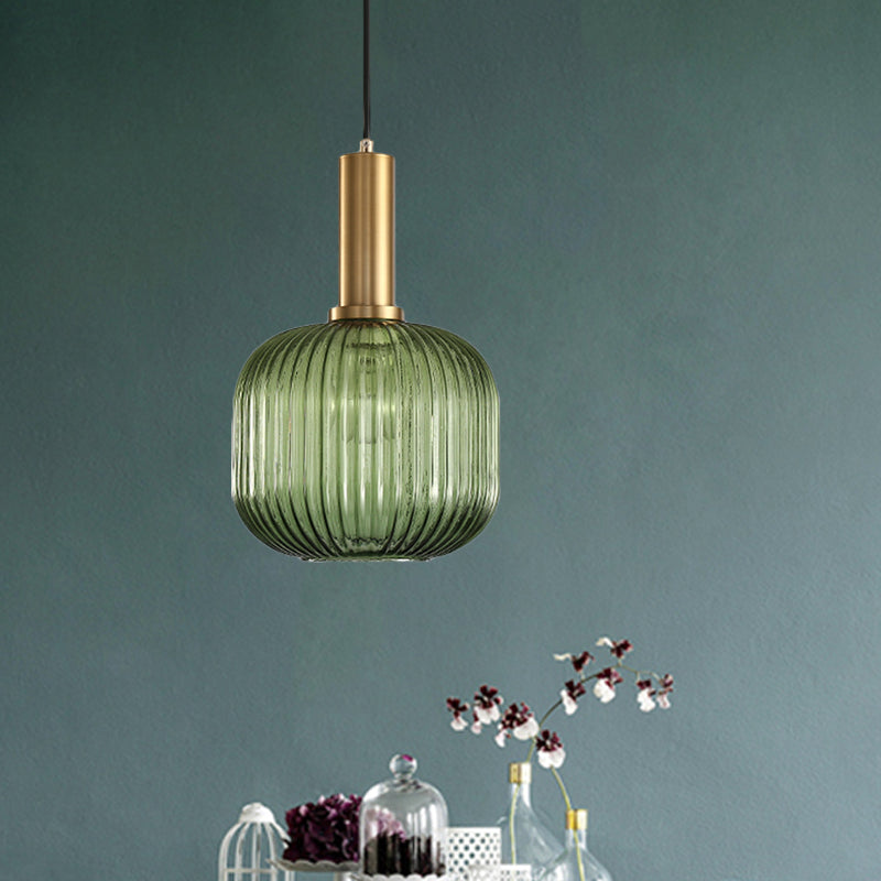 Zwarte/Gouden Cilinder/Ovaal/Capsule Hanglamp Modernistisch 1 Licht Grijs/Groen/Amber Geribbeld Glas Plafondlamp voor Keuken