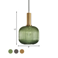 Zwarte/Gouden Cilinder/Ovaal/Capsule Hanglamp Modernistisch 1 Licht Grijs/Groen/Amber Geribbeld Glas Plafondlamp voor Keuken