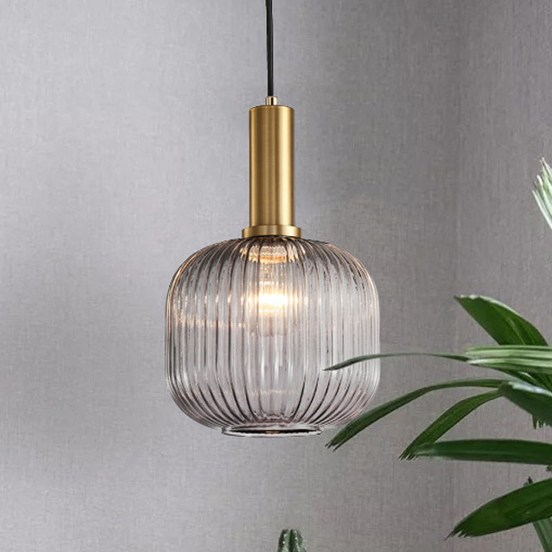 Zwarte/Gouden Cilinder/Ovaal/Capsule Hanglamp Modernistisch 1 Licht Grijs/Groen/Amber Geribbeld Glas Plafondlamp voor Keuken